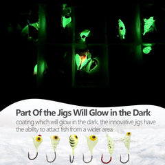 Assorted jig shapes and colors for ice fishing