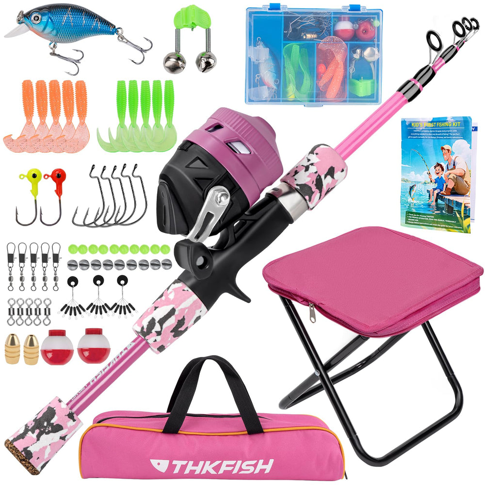 THKFISH kids fishing pole extended, ready for quick setup on family fishing day