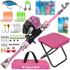 THKFISH kids fishing pole extended, ready for quick setup on family fishing day