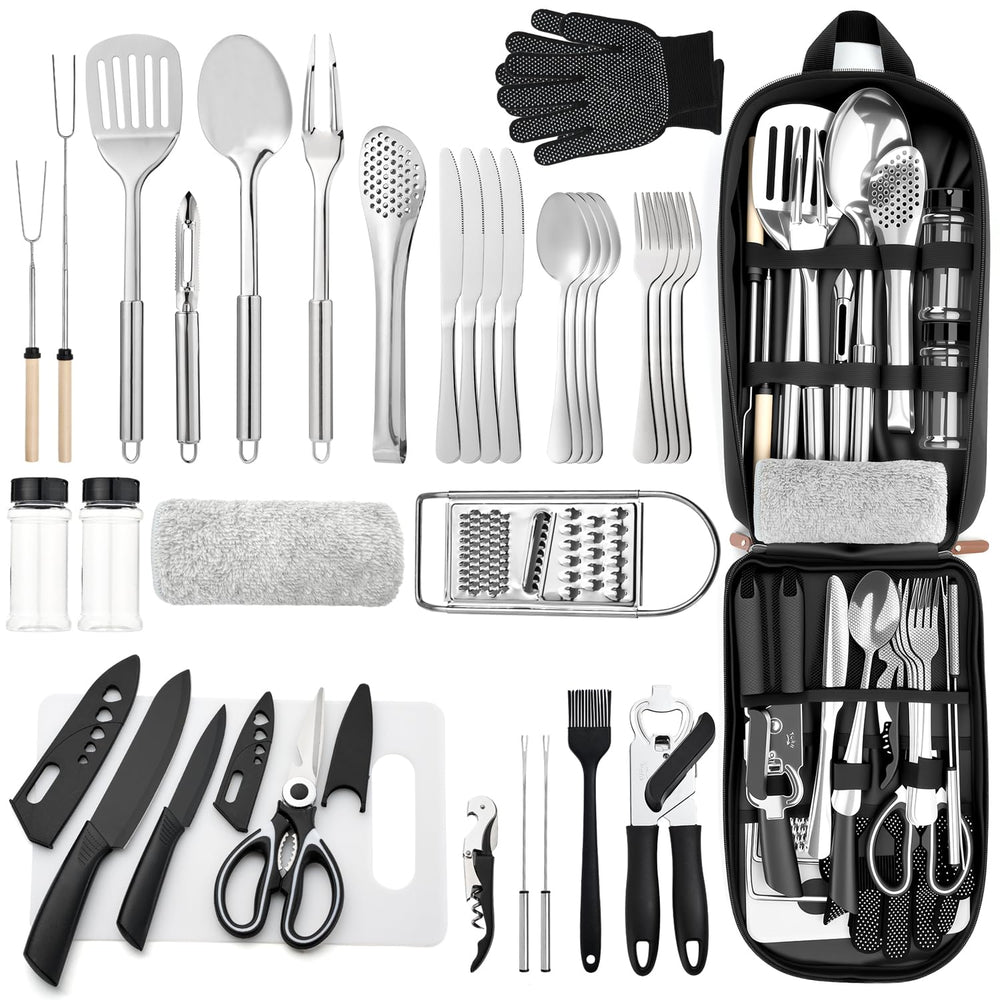 THTYBROS portable camping kitchen 34pcs set organized in a durable organizer for travel.