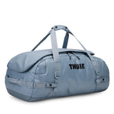 Thule Chasm 70L Pond Gray front view shows rugged tarpaulin ready for outdoor adventures.