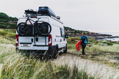 Door opens with bikes mounted on Thule Elite Van XT