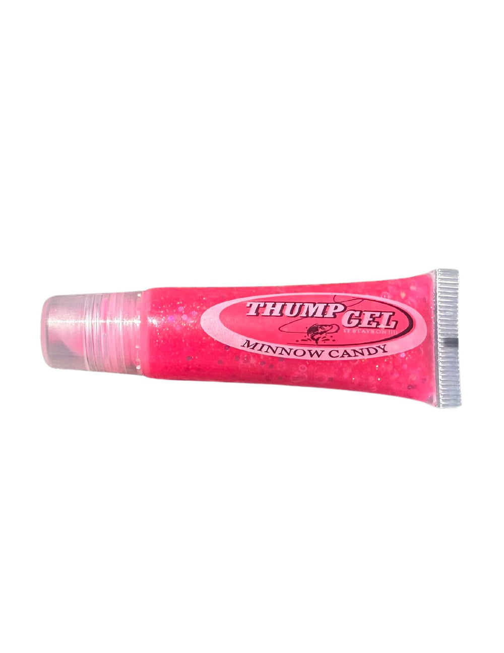 Pink gel Minnow Candy fish attractant with white/pink flakes, sticky formula for Crappie and Bass fishing