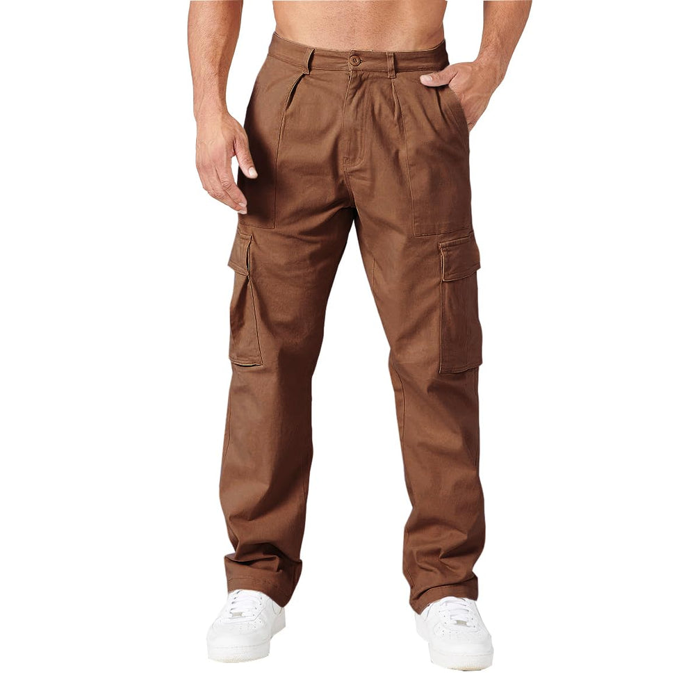 THWEI cargo pants front view in brown for everyday comfort and casual style.