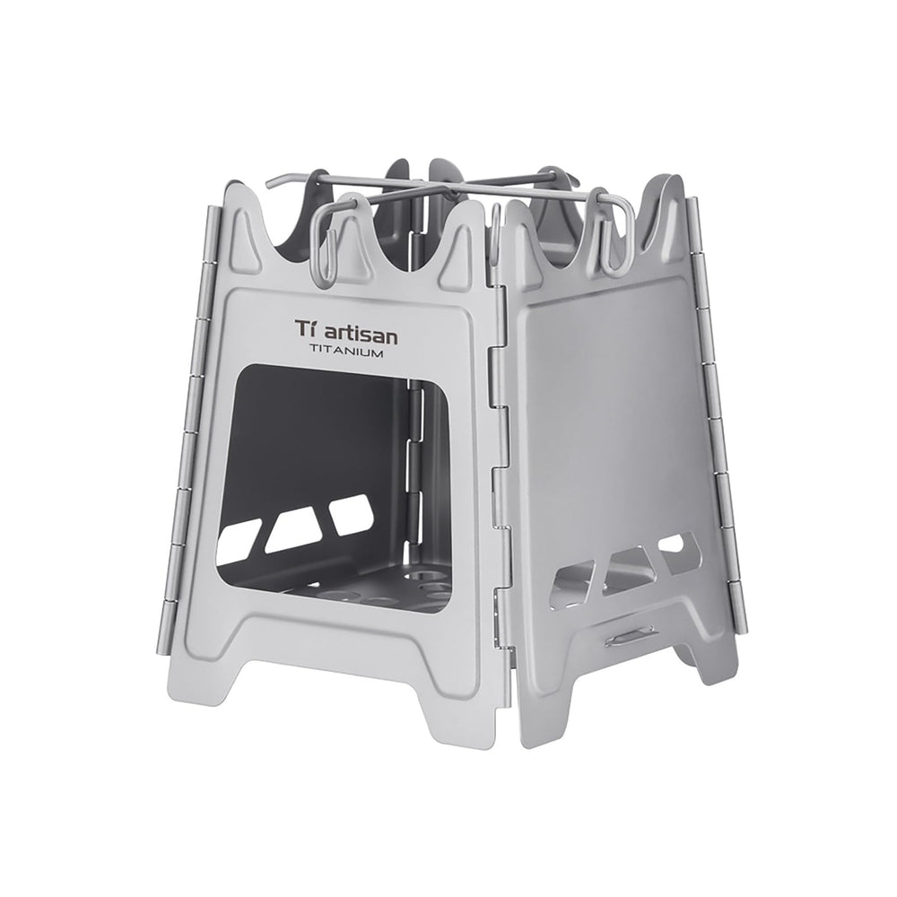 Ti artisan titanium wood burning stove folded for compact backpacking.