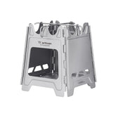 Ti artisan titanium wood burning stove folded for compact backpacking.