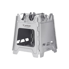 Ti artisan titanium wood burning stove folded for compact backpacking.