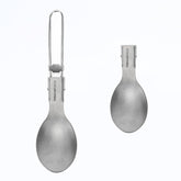 TIBROMTACK titanium folding spoon open showing ultra-light durability for camping meals.