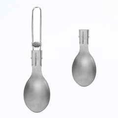 TIBROMTACK titanium folding spoon open showing ultra-light durability for camping meals.