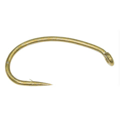Umpqua Tiemco 2487 hook curved down-eye closeup showcases shrimp pattern readiness for emerger fishing
