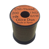 TIEMCO UNI fly tying thread on olive dan 200-yard spool, durable and smooth for standard size flies.
