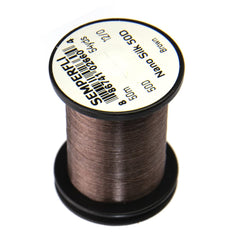 TIEMCO Nano Silk 50D brown spool showing strength and smooth wrapping for tiny flies.