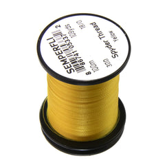 TIEMCO Spyder Thread Yellow spool shown, highlighting ultra-thin strength for micro fly tying.