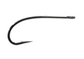 TIEMCO TMC 201R hook close-up in black nickel shows forged durability for nymphs and dries.