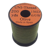 TIEMCO UniThread 6-0 waxed olive spool for durable, flat wraps on hooks.