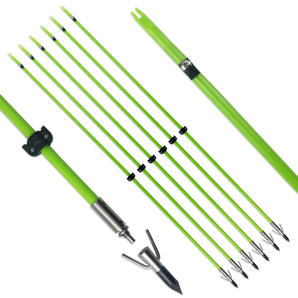 Tiger Archery bowfishing arrow with green fiberglass shaft for high visibility.