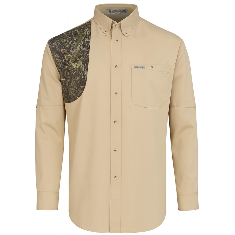 Tiger Hill Hunting Khaki Camo Shirt front view highlighting roomy fit for movement