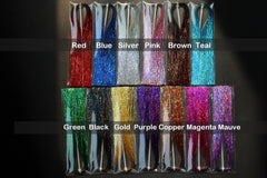 Close-up of holographic Flashabou tinsel in multiple colors, 0.3mm width