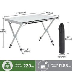 Timber Ridge folding table with telescopic legs adjusted for uneven ground.