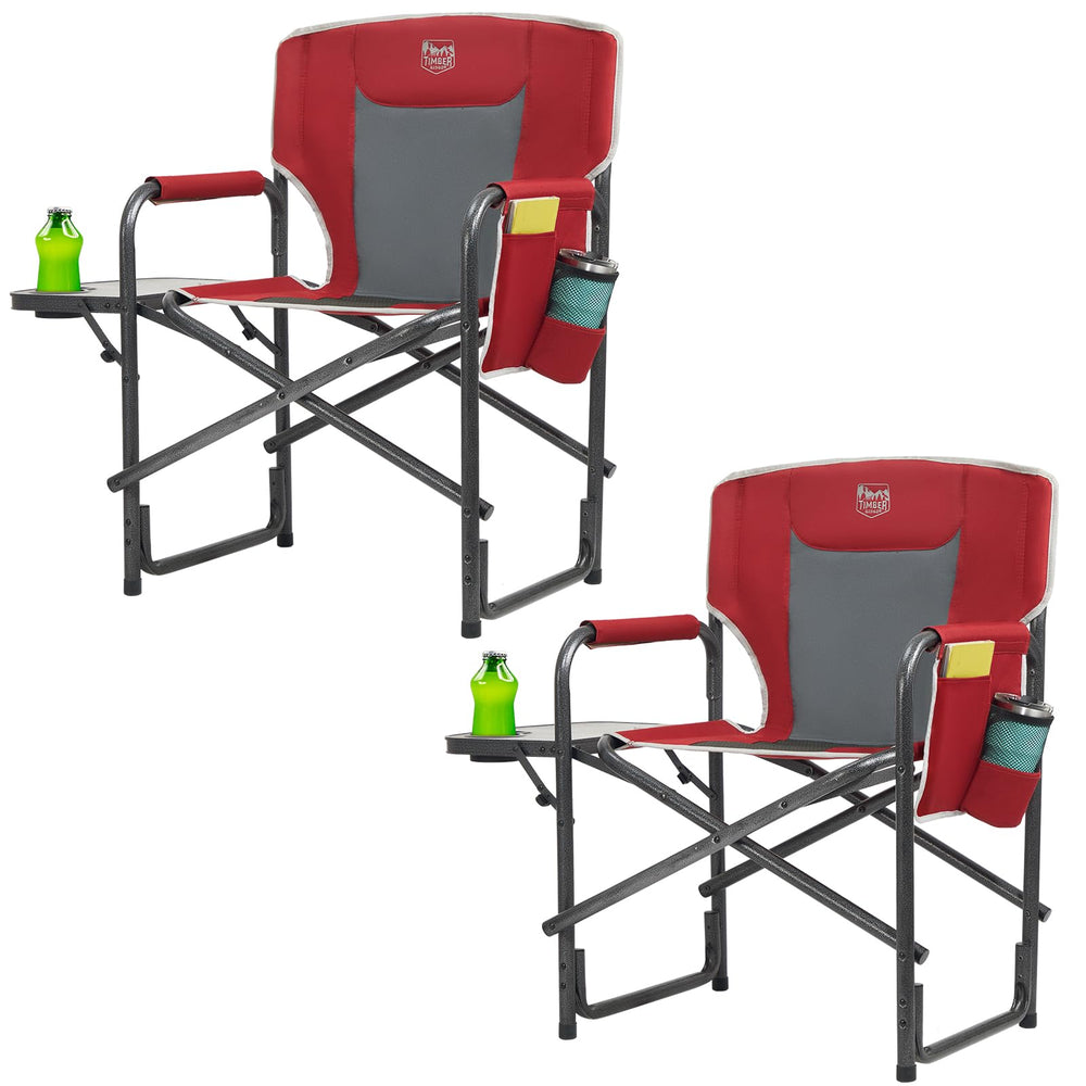 TIMBER RIDGE lightweight camping chair with side table in red, ideal for camping and picnics.