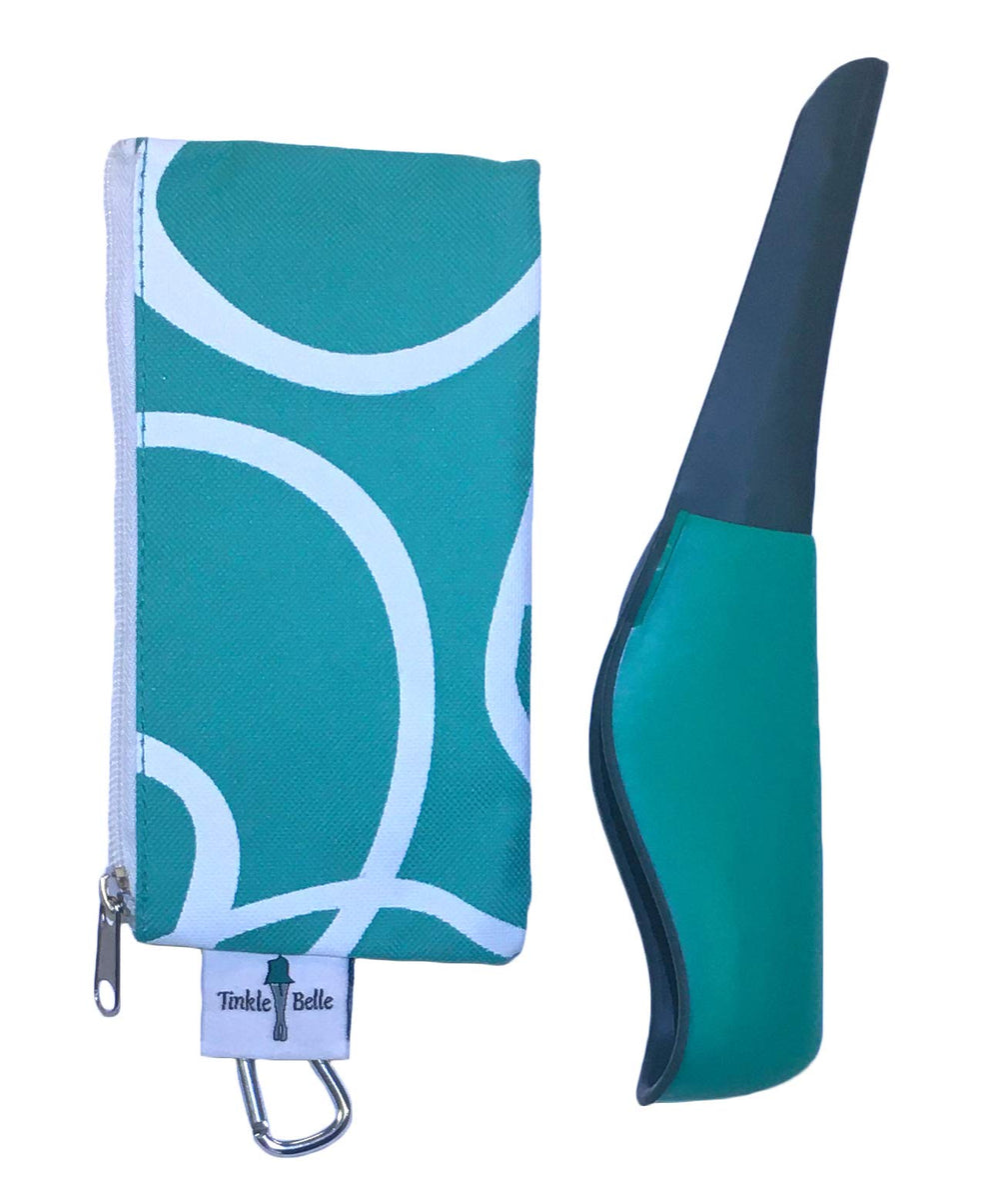Tinkle Belle urination device in use while fully clothed for discreet relief