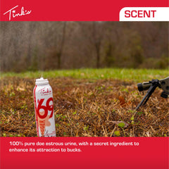 5 oz fogger releases pure 69 Doe-in-Rut scent with adjustable bursts for targeted coverage.