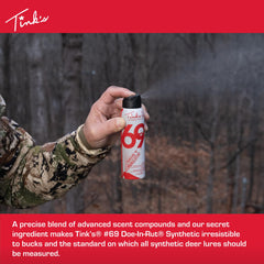 Tink's #69 estrous mist shown for field use near stands and scrapes.