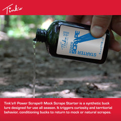 Close-up of Power Scrape label showcasing versatile scent for natural or mock scrapes