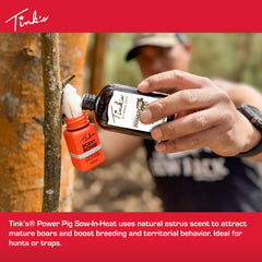 TINK'S Sow-in-heat boar urine scent bottle back view for field luring.