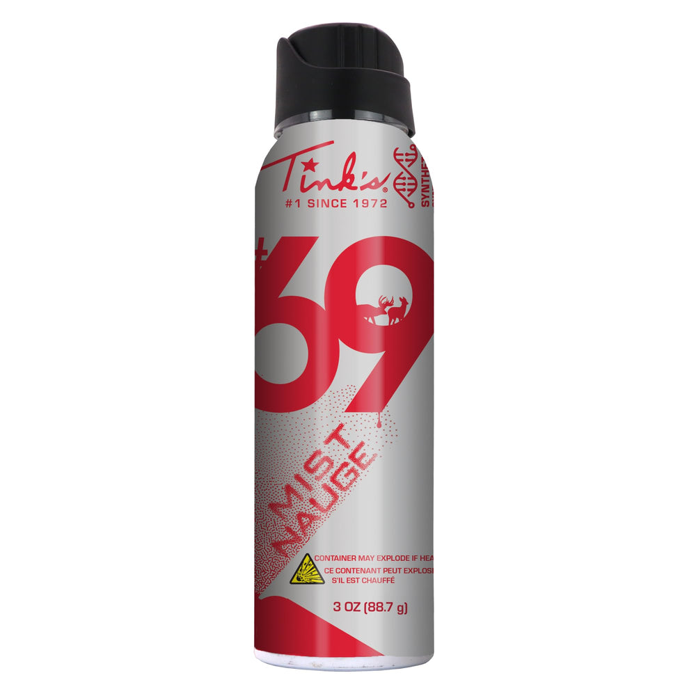 Tink's synthetic #69 doe-in-rut spray bottle dispersing a long-range lure.