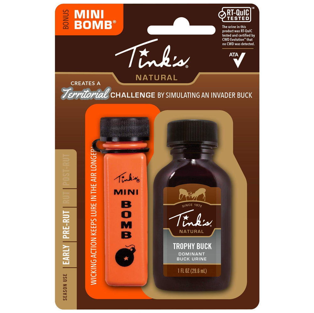 Tink's Trophy Buck Urine bottle pour showing easy top application for all-season lure.