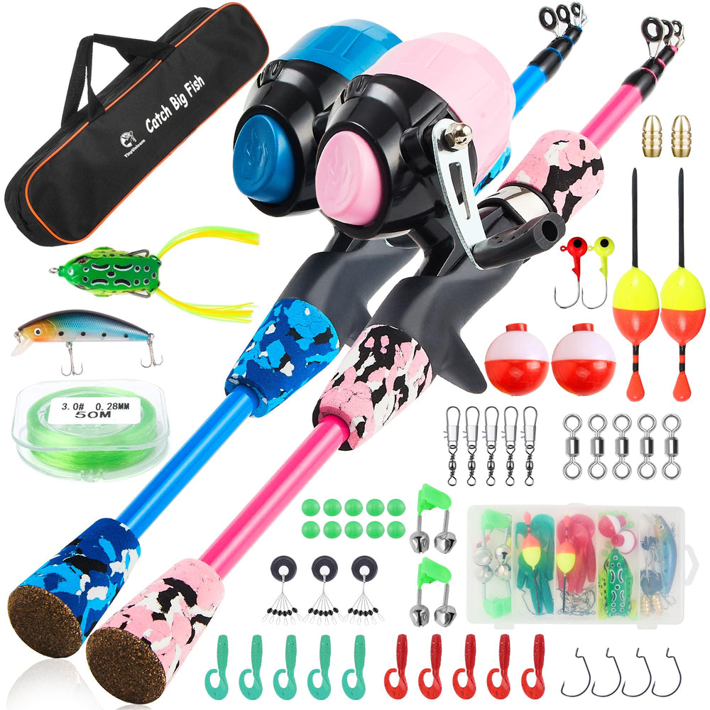 TINYUNICORN kids fishing pole kit blue-pink carry bag for easy family trips