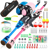 TINYUNICORN kids fishing pole kit blue-pink carry bag for easy family trips