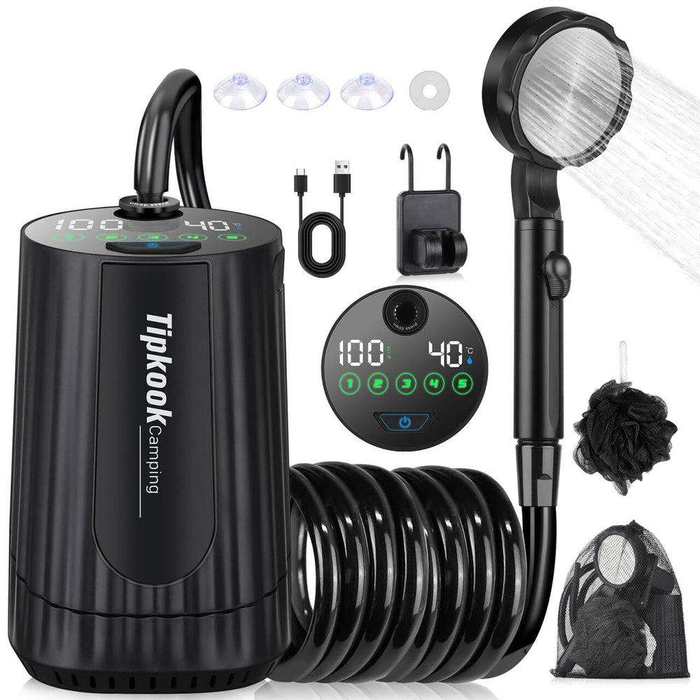 Tipkook portable shower with 10000mAh battery for extended camping rinses.