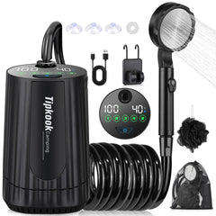 Tipkook portable shower with 10000mAh battery for extended camping rinses.