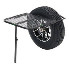 Tire Table stable setup on tire with rear slider locks for secure surfaces.