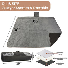 Tirrinia blanket folded with carrying strap for easy portage and storage.