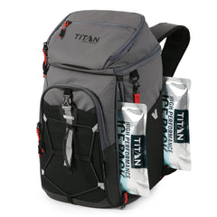 Titan Deep Freeze Ice Wall Backpack Cooler front view shows 30-can capacity for adventures.