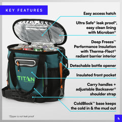 Titan Deep Freeze tote insulated compartment in use for cold drinks on trips