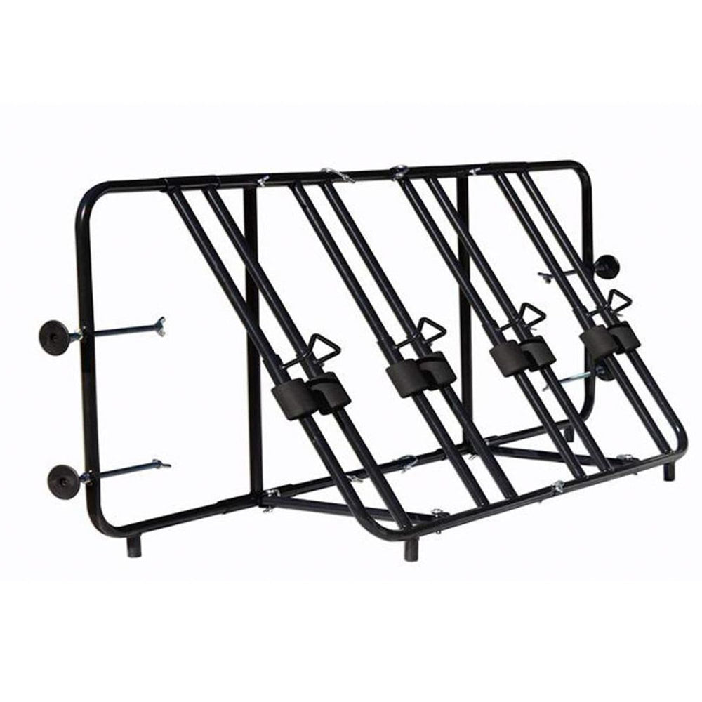 Titan Ramps truck bed bike rack with four bikes secured for transport.