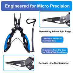 Titanium coated micro fishing pliers compact design fits lightweight tackle boxes.