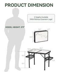 Titanker folding camping table folded-dimensions show compact storage and portability.