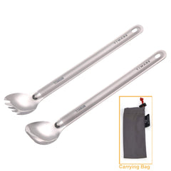 Tiware titanium long-handle spork 2-in-1, combining fork and spoon for outdoor meals.