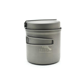 TOAKS Titanium 1100ml pot closeup shows ultralight durability for backpacking meals.