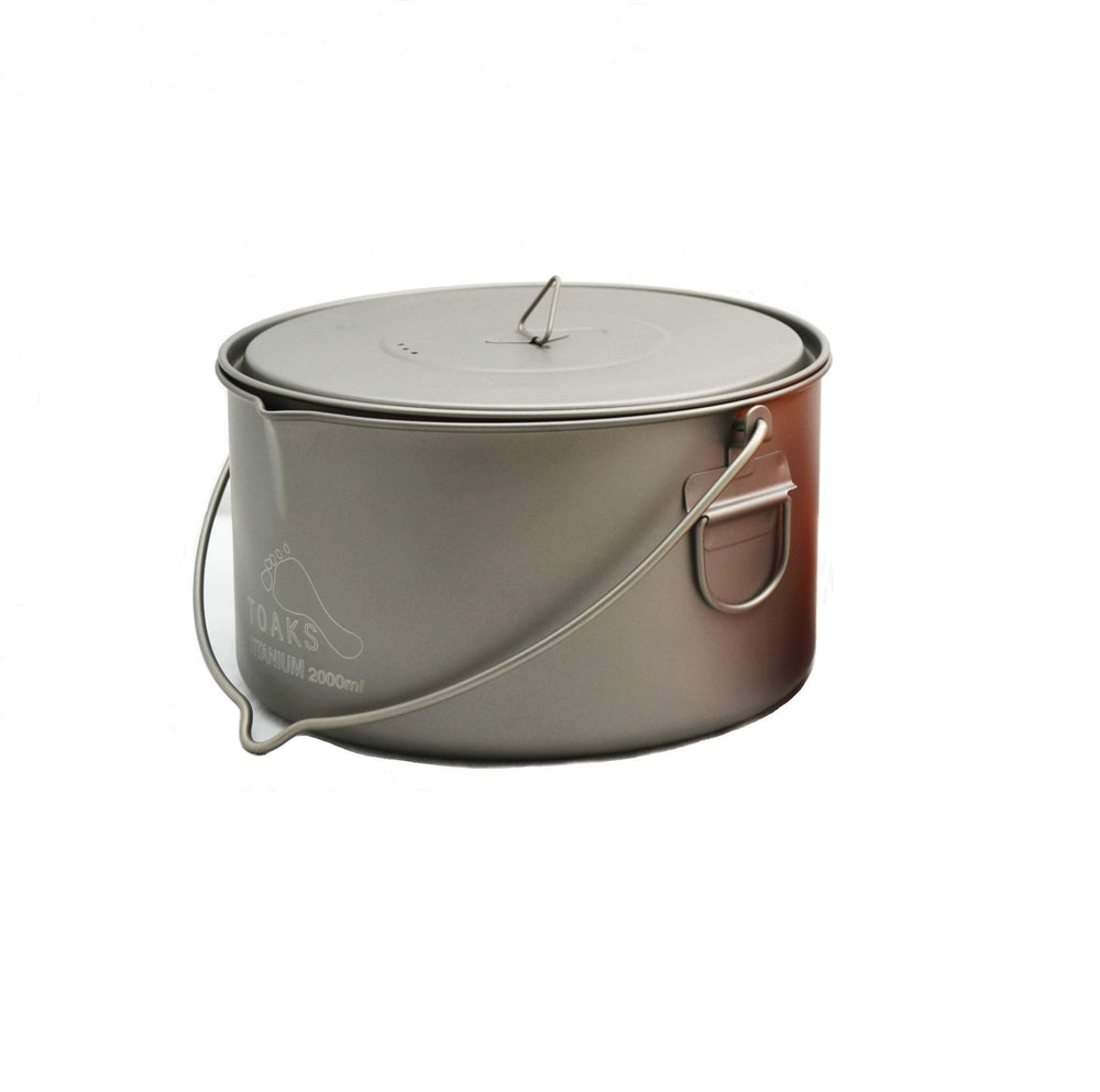 TOAKS Titanium 2000ml pot with bail handle for easy camping transport.