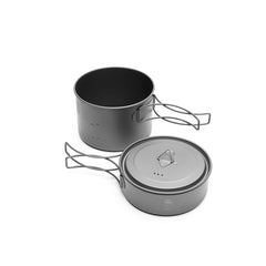 TOAKS titanium cookset with foldable handles and lid doubles as a strainer