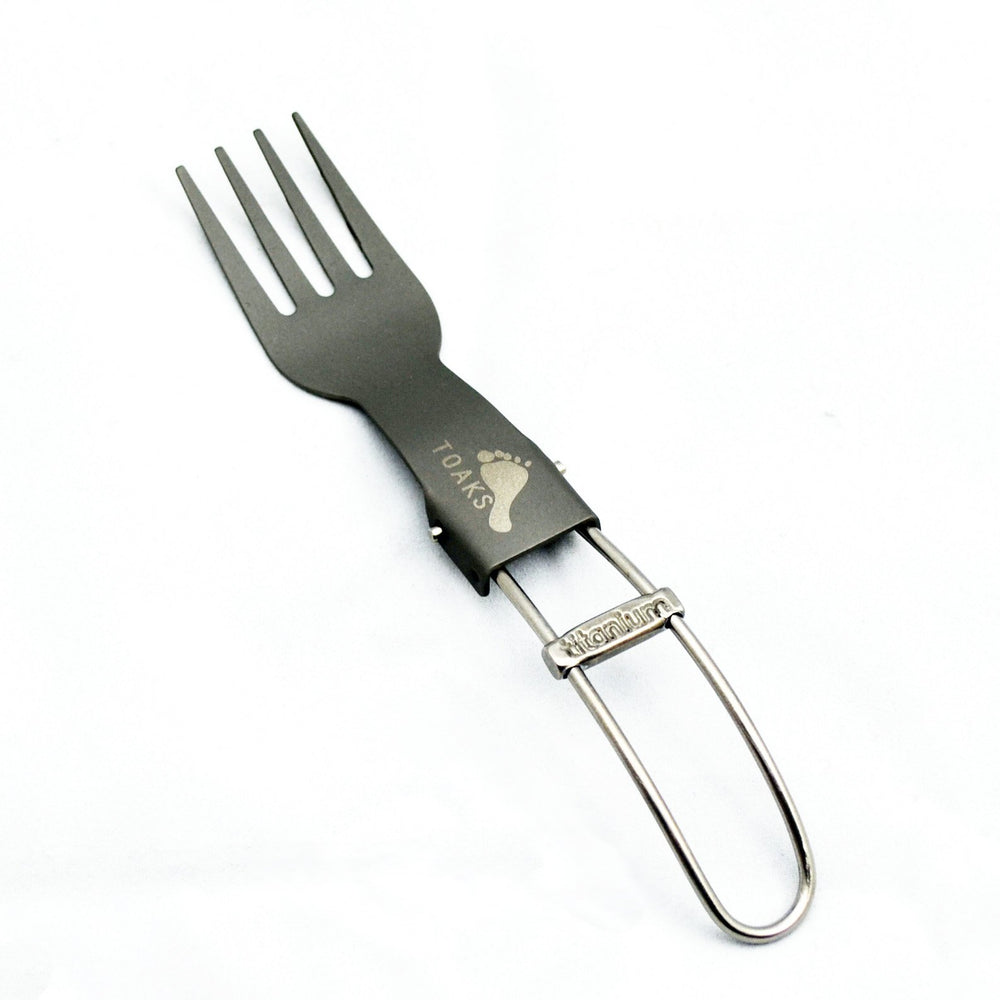 TOAKS titanium folding fork open for backcountry meals, ultralight.