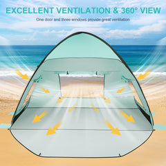 TOBTOS mint green beach tent with windproof design and ventilation mesh.