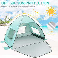 TOBTOS windproof beach tent with sandbags and pegs for stability.