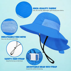 Two hats shown on a beach scene for kids